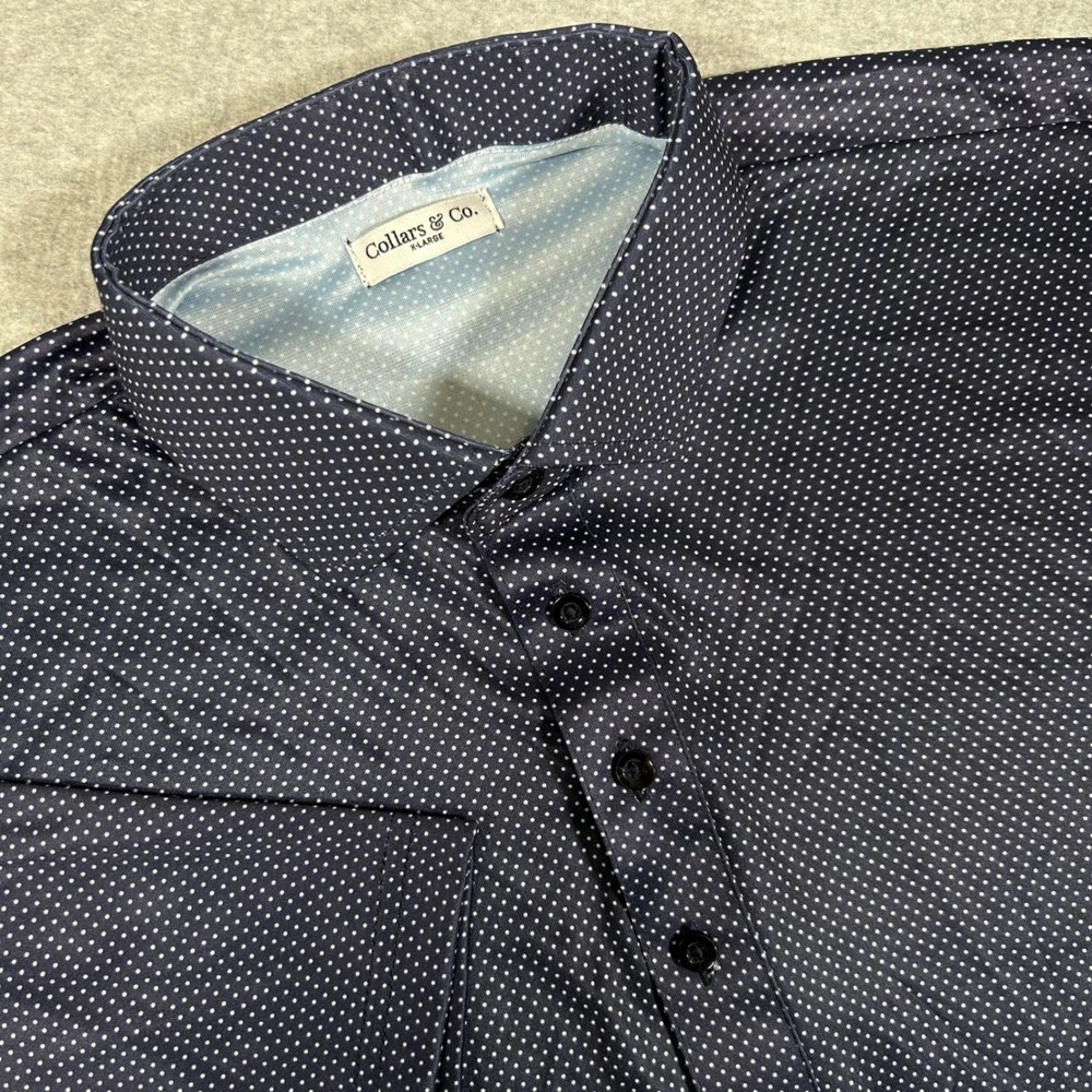 Collars & Co Dress Collar Polo Men's XL Navy Blue White Dot Semi Spread NWOT‎